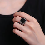Masculine Black Agate Ring 12x14mm, Mens Vintage Sterling Silver Fine Jewelry, Wedding Band Gift for Him
