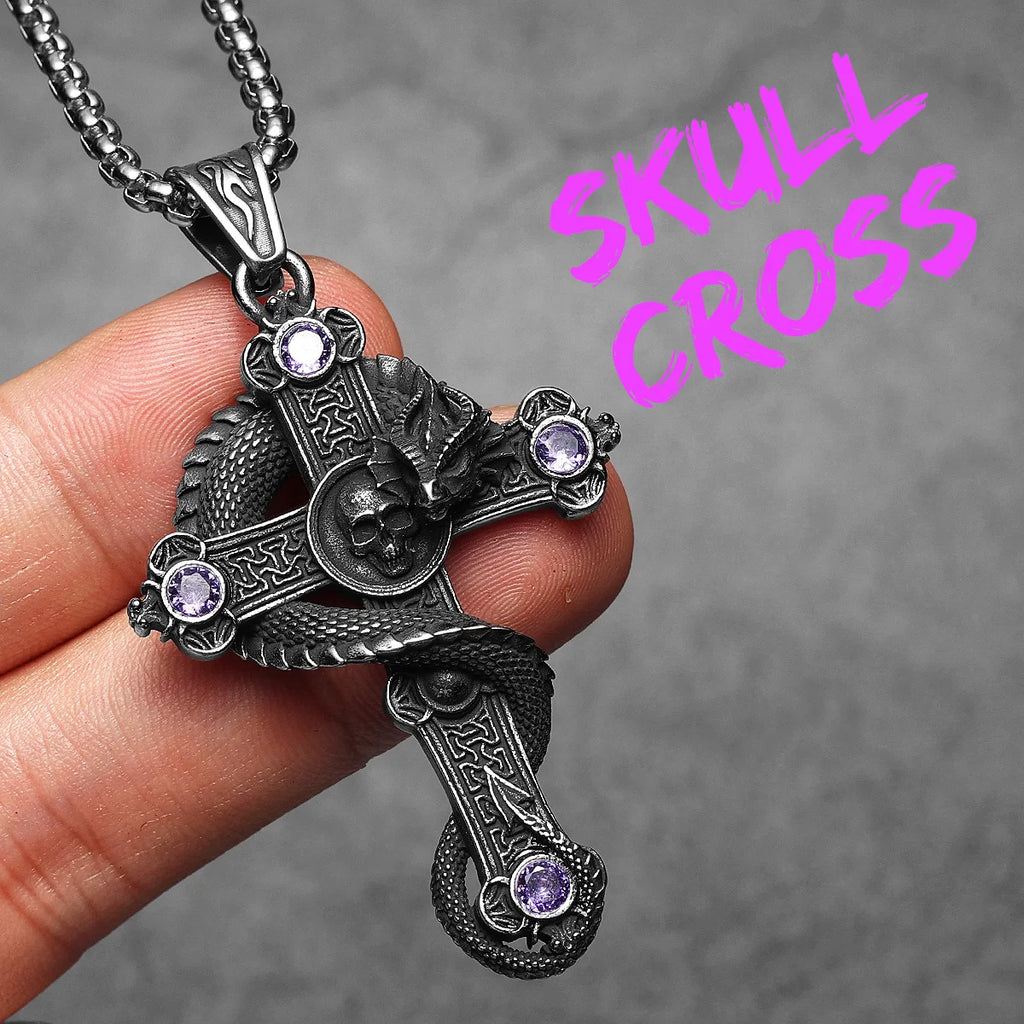 Skull Dragon Cross Pendant Necklace — Steel