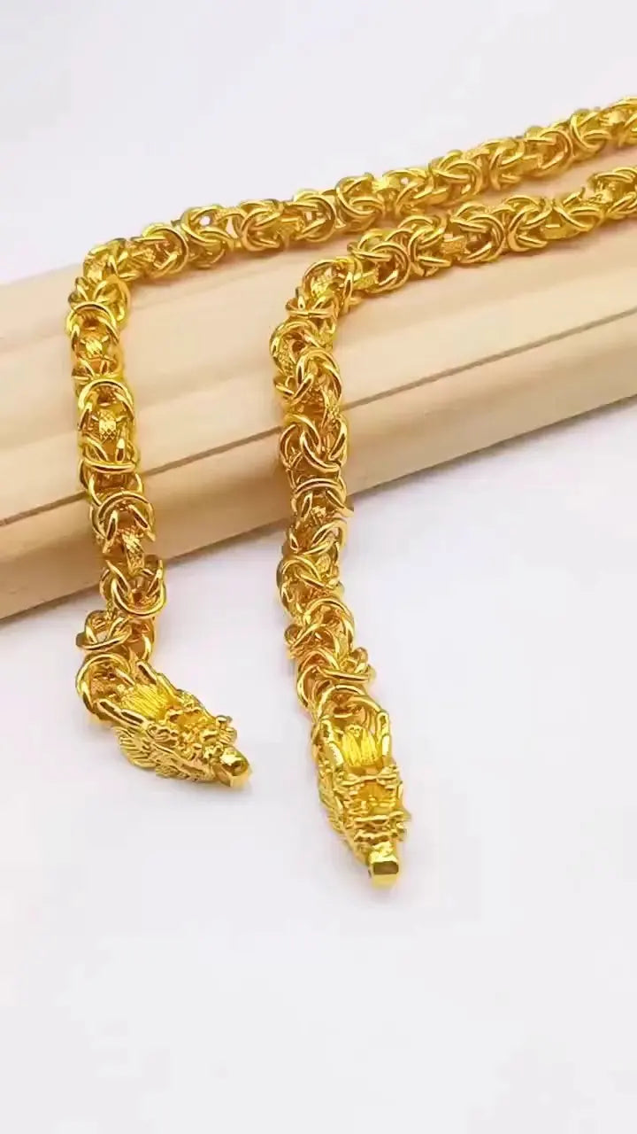 Unisex 24K AU999 Real Gold Boss Chain, Hollow 10MM 60CM Bold Keel Faucet Necklace, Polished Finish