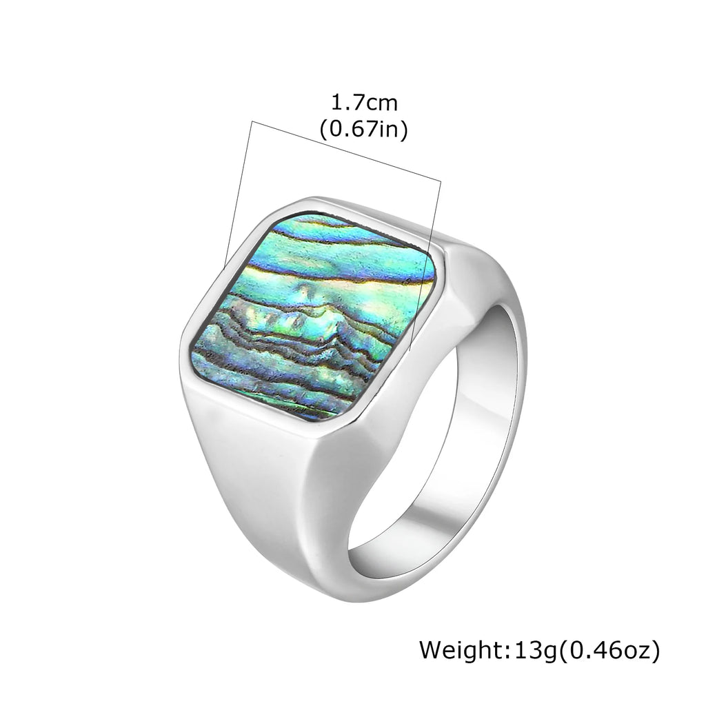 Trendy Punk Abalone Shell Stainless Steel Chunky Signet Ring for Men, Waterproof Hip Hop Party Finger Jewelry Size7 8 9 10 11 12