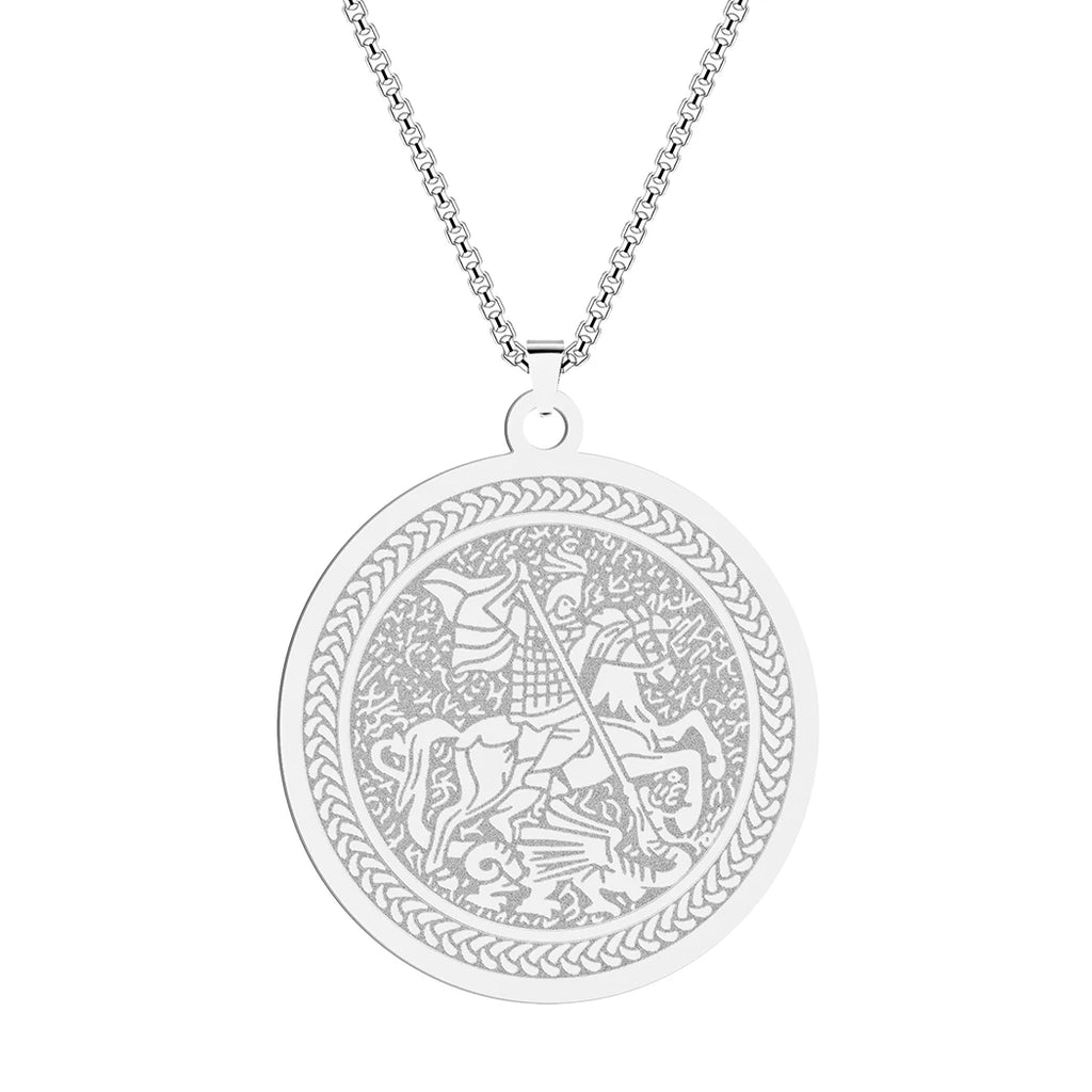 QIMING Dainty Saint George Pendant Necklace For Men Stainless Steel Warrior St. George's Dragon Medallion Mythology