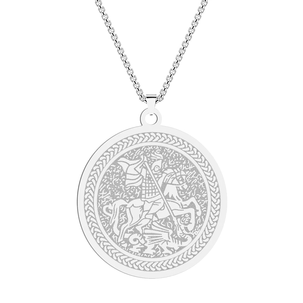 QIMING Dainty Saint George Pendant Necklace For Men Stainless Steel Warrior St. George's Dragon Medallion Mythology