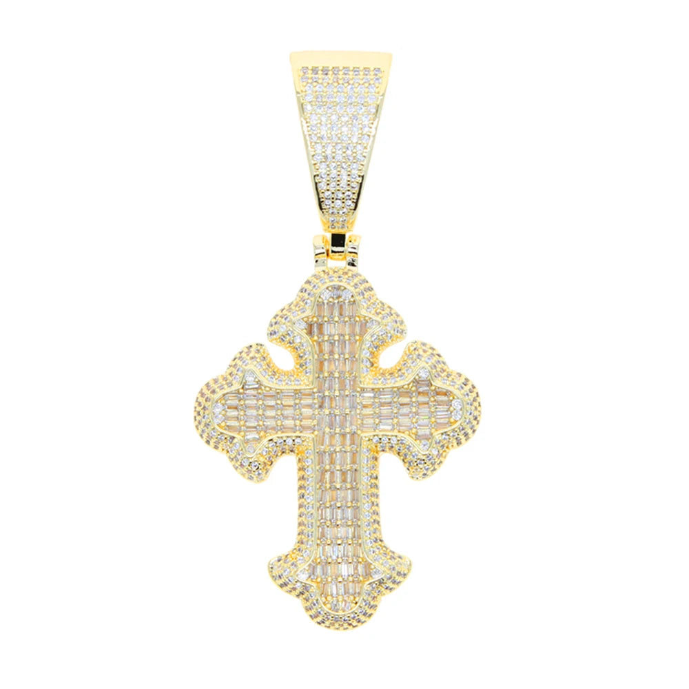 New Iced Out Bling CZ Cross Pendant Necklace Silver Color Prong Setting Cubic Zirconia Jesus Charm Men Women Hip Hop