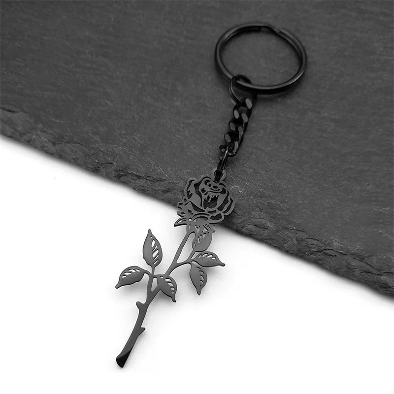 Rose Flower Silver Pendant Keychain — Stainless Steel