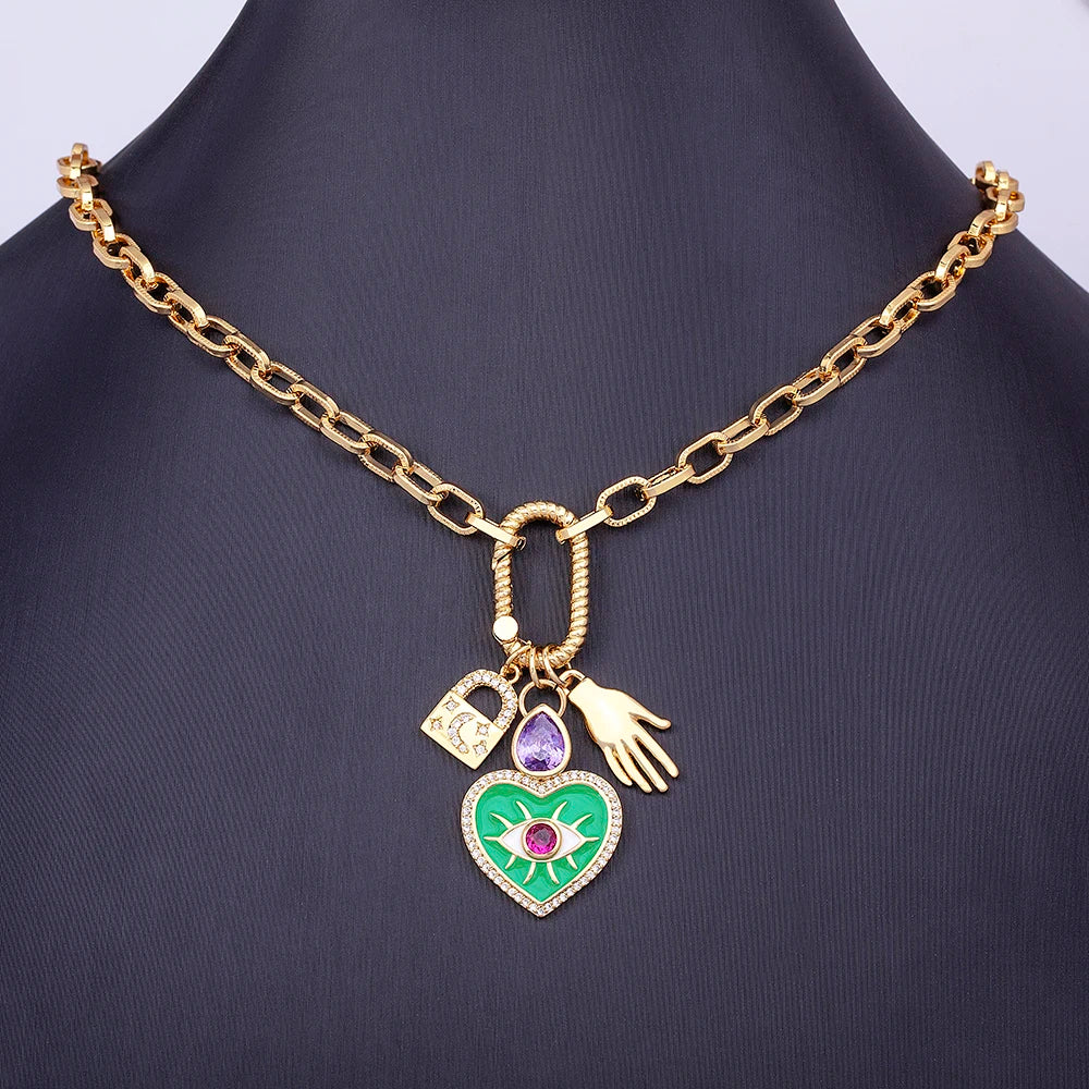 Nidin Hot Sale New Fashion Geometric Paperclip Link Chain Evil Eye Palm Shape Pendant Necklace For Women Men Jewelry