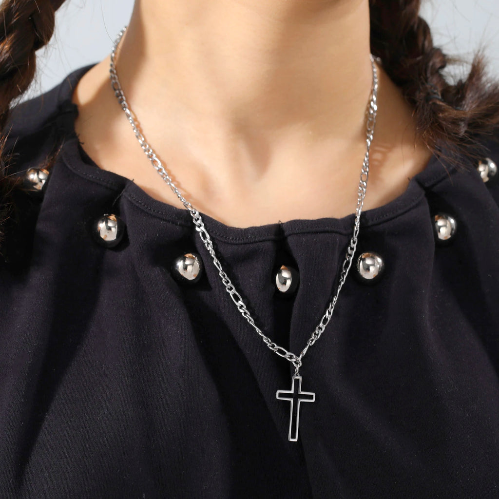 Hollow Cross Pendant Necklace for Men Women Stainless Steel Figaro Chain Necklace Punk Choker Jewelry for Party Gift