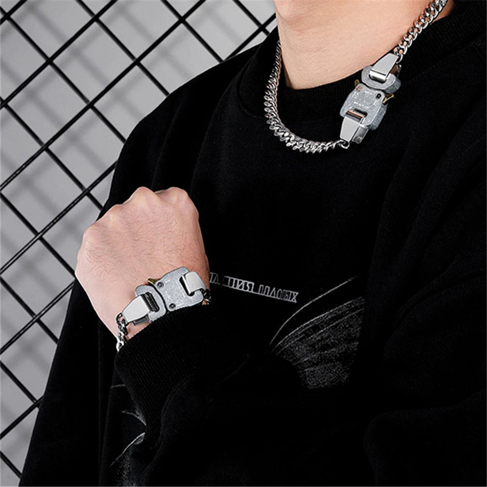 Hip-hop Functional Buckle Thick Chain Metal Lock Necklace Bracelet Personality Street Men and Women Accessories Gift