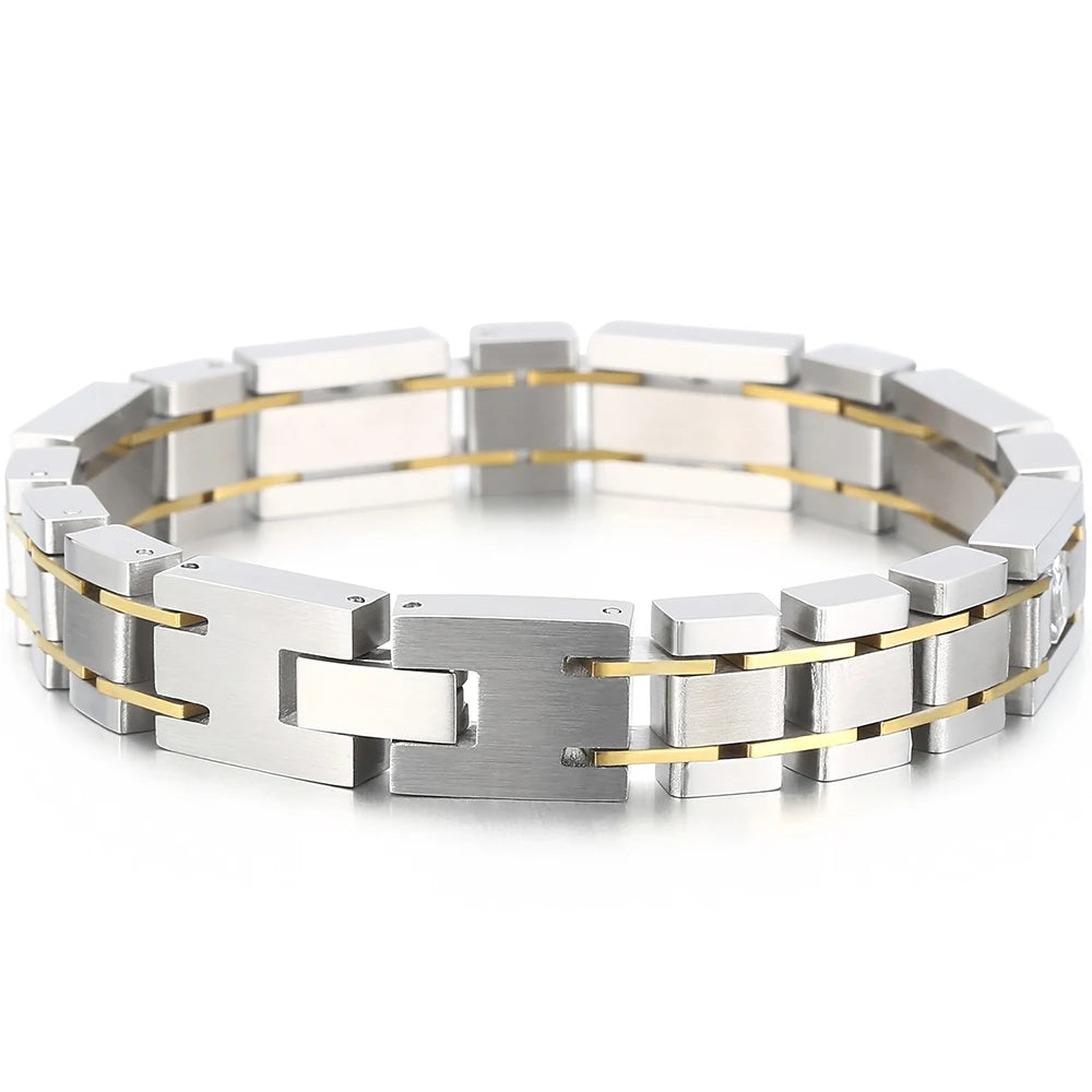 Casting Stainless Steel Man Bracelet Two Tone 12MM Link Chain Men's Bracelets Bangles With CZ Wrist Jewelry Boys