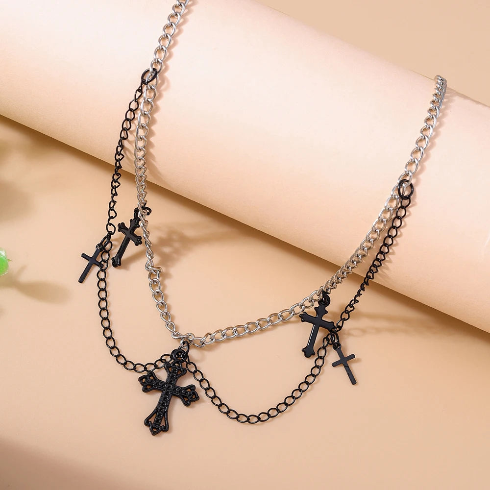 Gothic Black Cross Necklace for Women Men Metal Punk Choker Necklaces Handmade Party Jewelry Accessories