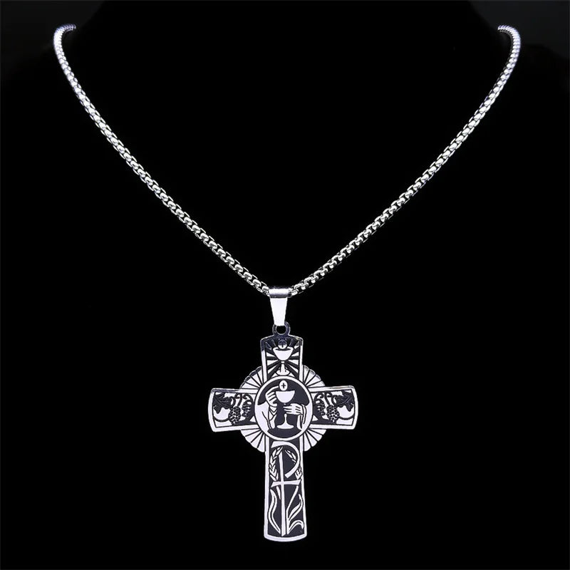 Christian Christ Eucharist Halo Grape Juice Cross Necklace Stainless Steel Men Women Catholic Holy Spirit Church Chain