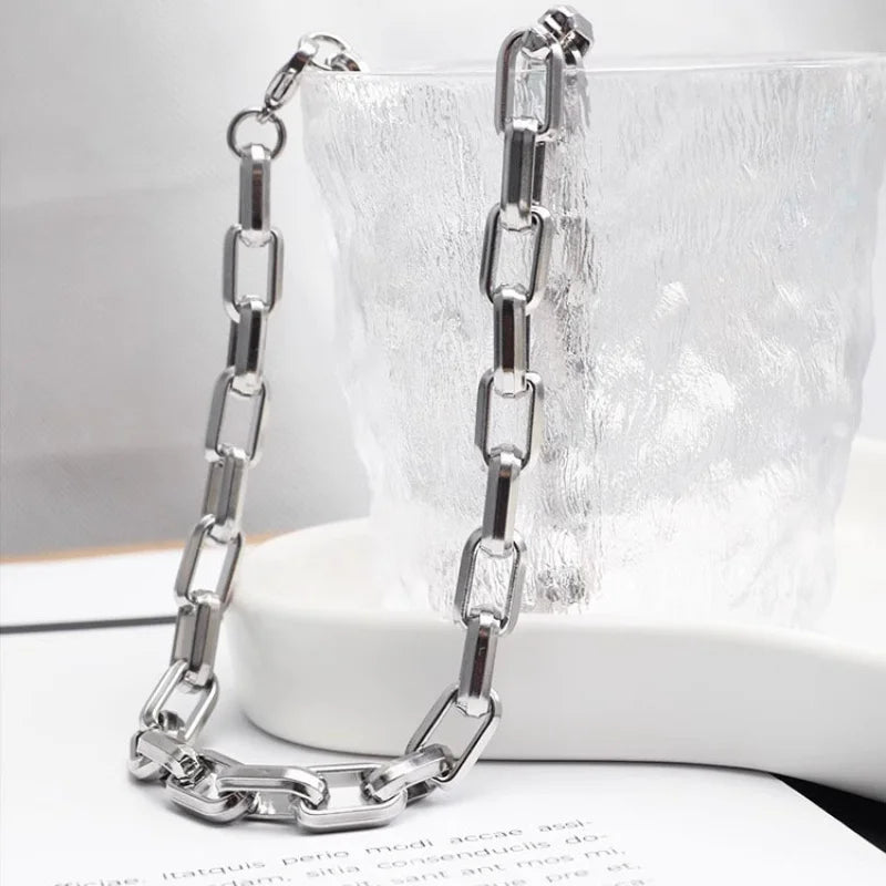 Men Thick Rectangle Paperclip Link Choker Necklace 316L Stainless Steel No Pendant Minimalist Hop Street Layer Neck Jewelry