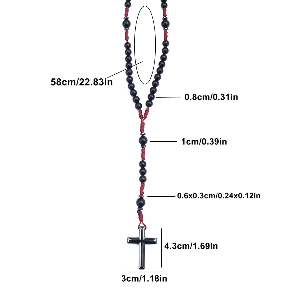 Matte Black Round Beads Red Cord Necklace with Cross Pendant Rosary for Men and Women