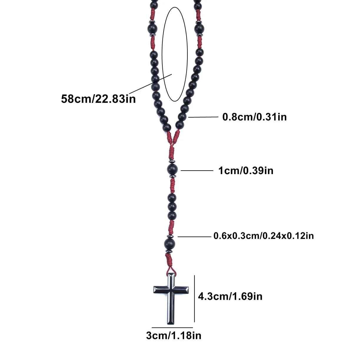 Matte Black Round Beads Red Cord Necklace with Cross Pendant Rosary for Men and Women
