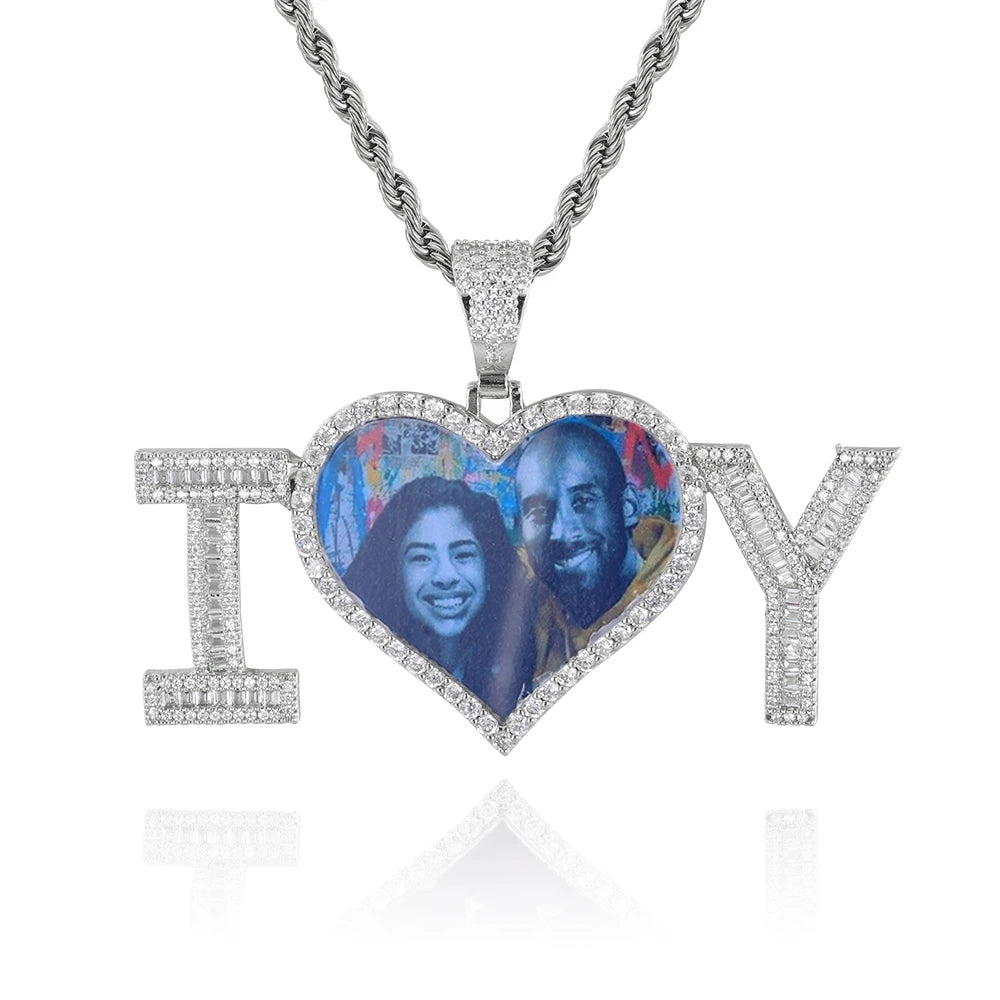 Iced Out Heart Photo Pendant Necklace