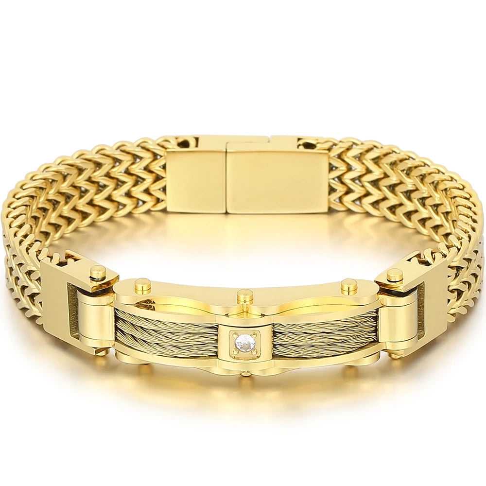 Luxury Bracelet for Men Gold Color 12MM Wide Stainless Steel Square Franco Link Chain Men's Wrist Bracelets With Magnet