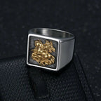 Men's Stainless Steel Vacuum Gold-Plated Saint George Dragon Slayer Knight Ring - Classic Armor Design