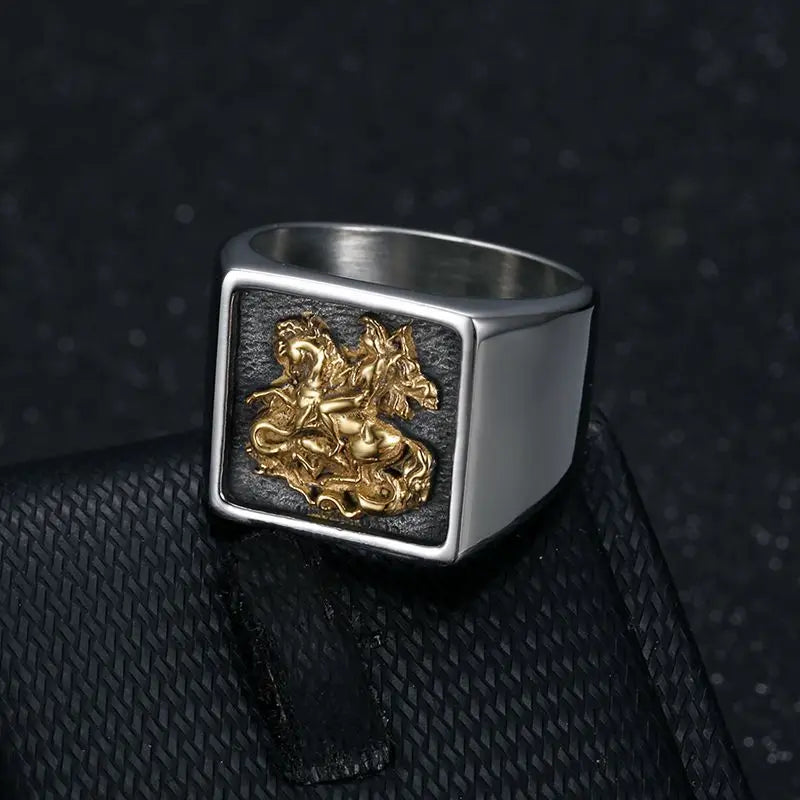 Men's Stainless Steel Vacuum Gold-Plated Saint George Dragon Slayer Knight Ring - Classic Armor Design