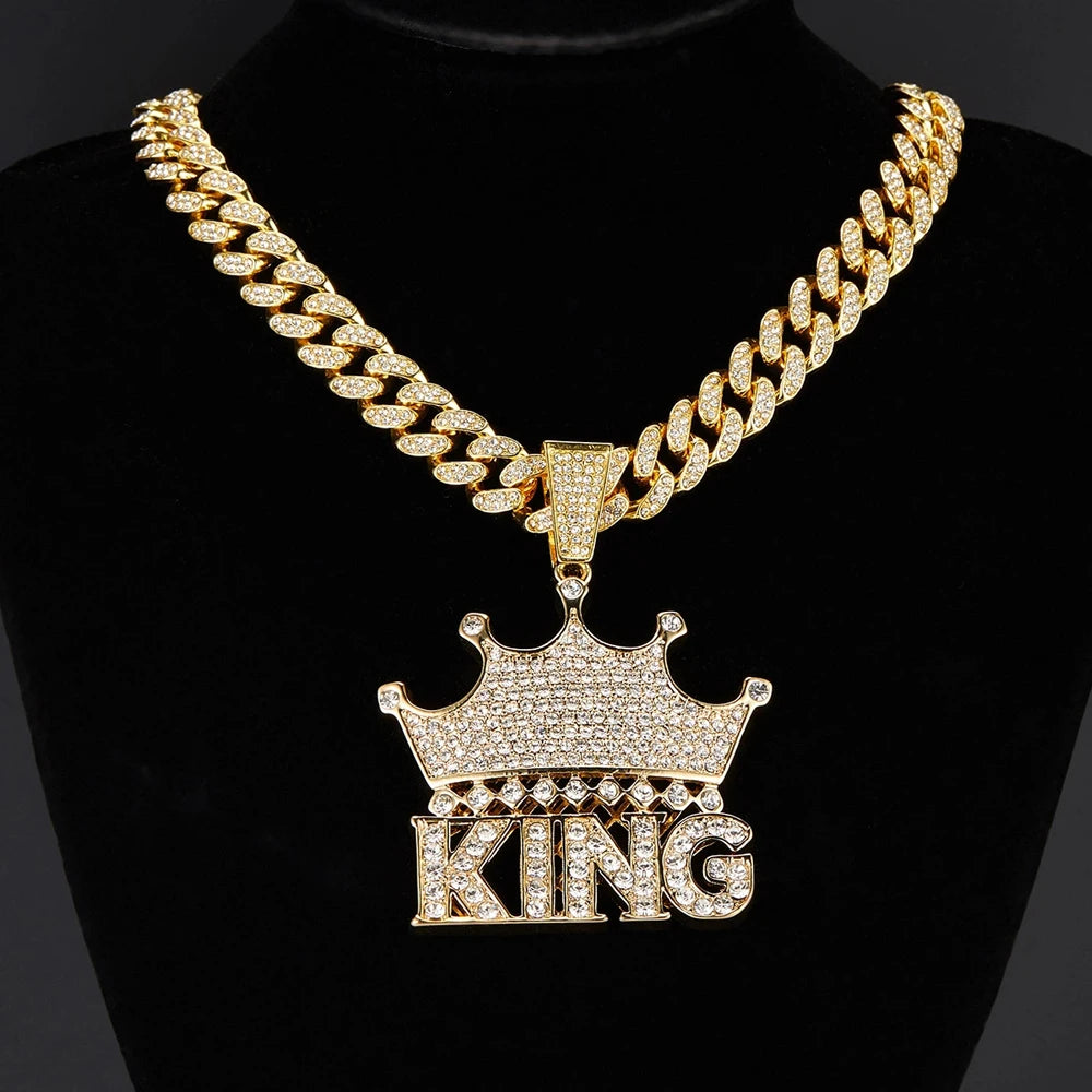Men Hip Hop Crown with King Pendant Necklace with 13mm Crystal Cuban Chain HipHop Iced Out Bling Necklaces Fashion