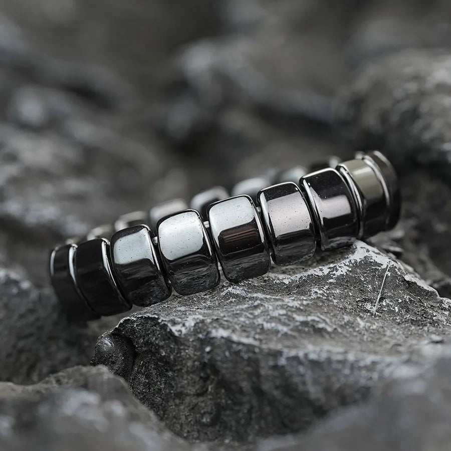 Geometric Hematite Bracelet for Men Biker Jewelry Grey Metal Energy Stone Therapy Punk Style Bangle for Him