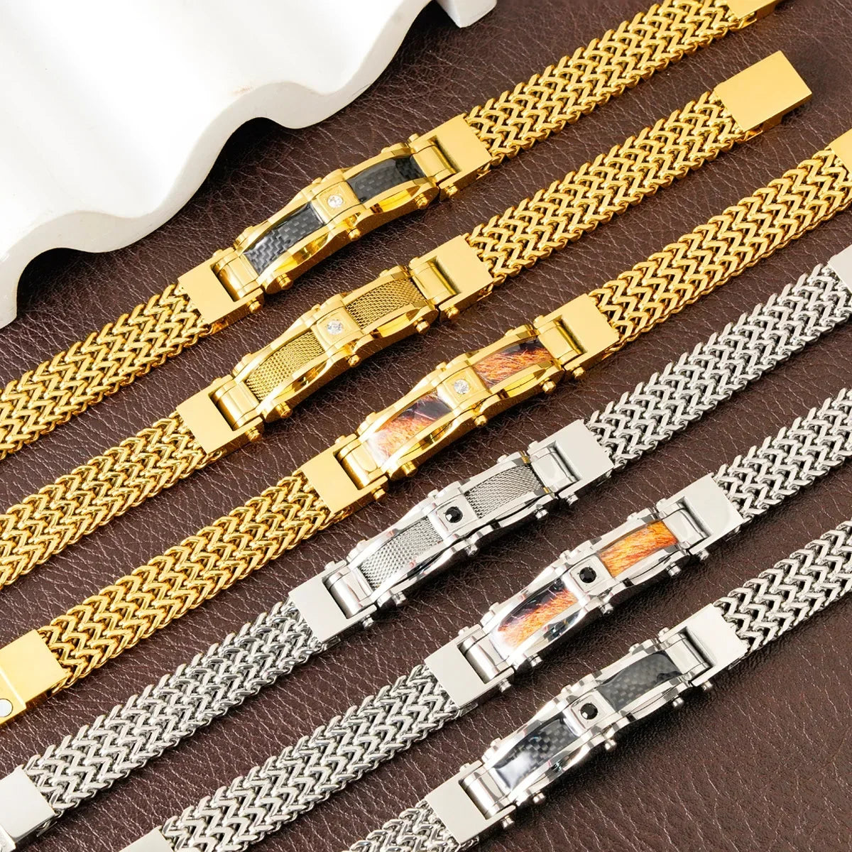 Punk Stainless Steel Bracelet 21 Cm Franco Link Chain Inlaid With Large-Grained Zircon Magnet Clasp