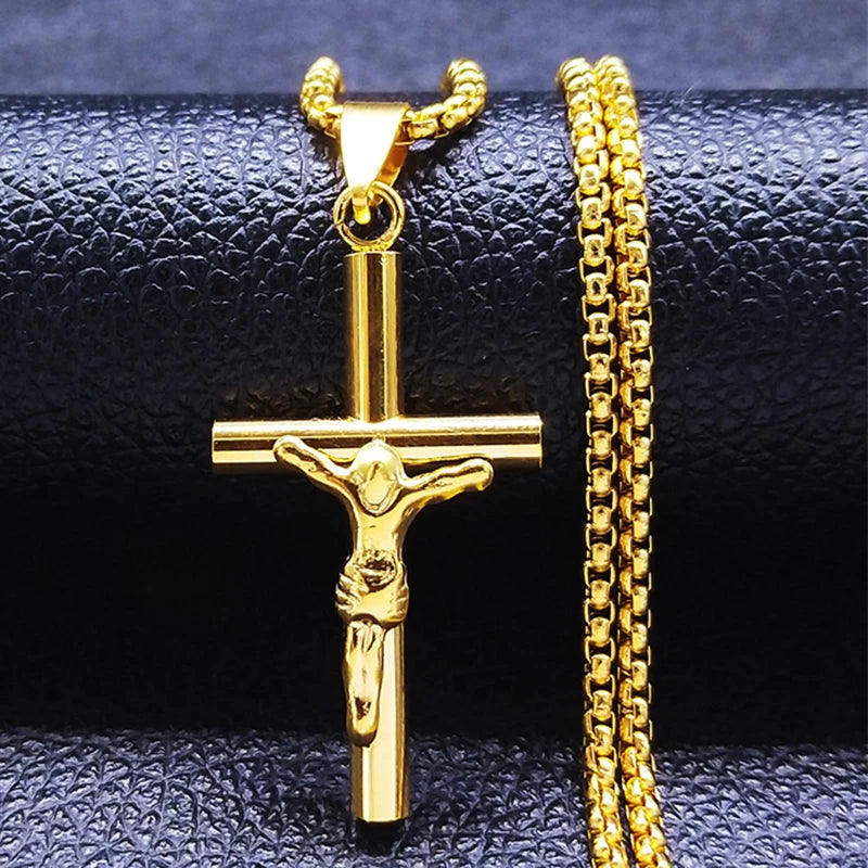Catholic Orthodox Cross Necklace Stainless Steel Gold Color INRI Crucifix Jesus Necklaces Holy Jewelry cordao masculino