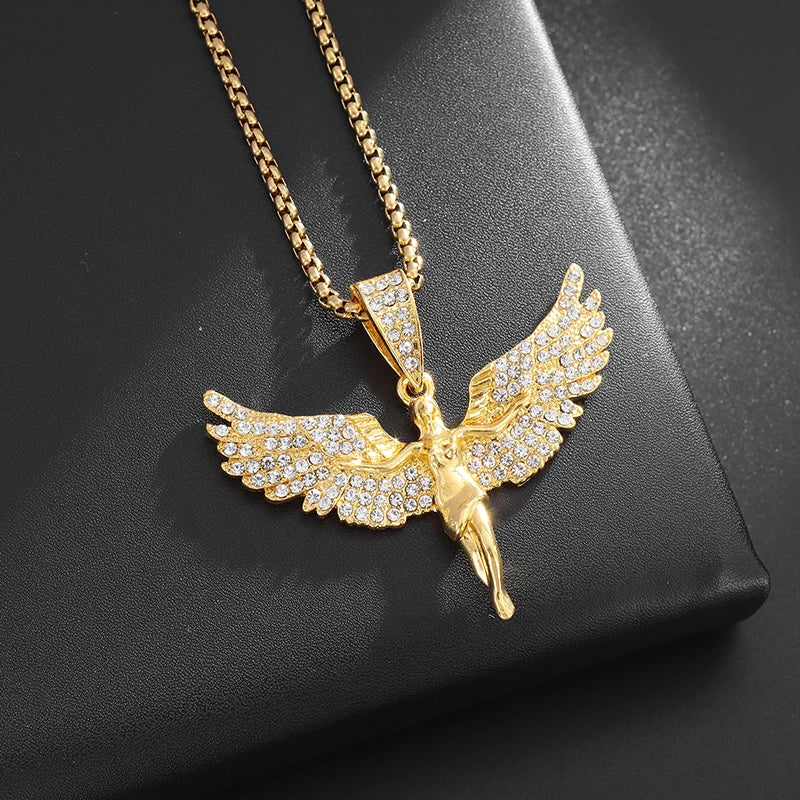 Iced Out Angel Wings Pendant Necklace — Gold