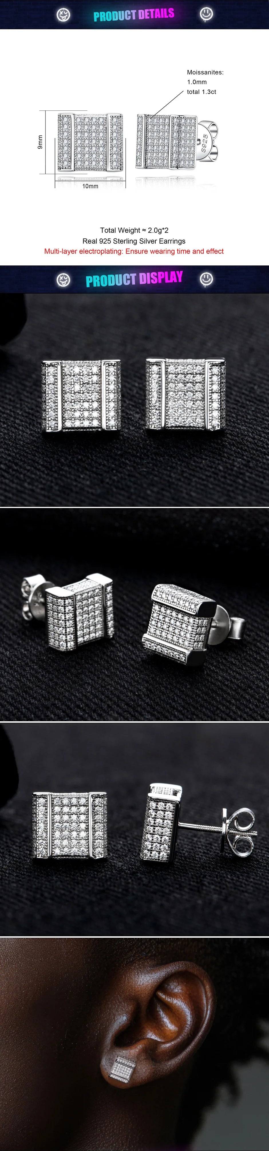 Iced Out Square Stud Earrings — 925 Silver