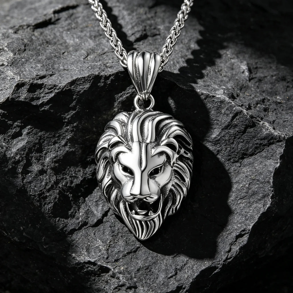 Vintage Lion Head Pendant Necklace, 60cm — Stainless Steel