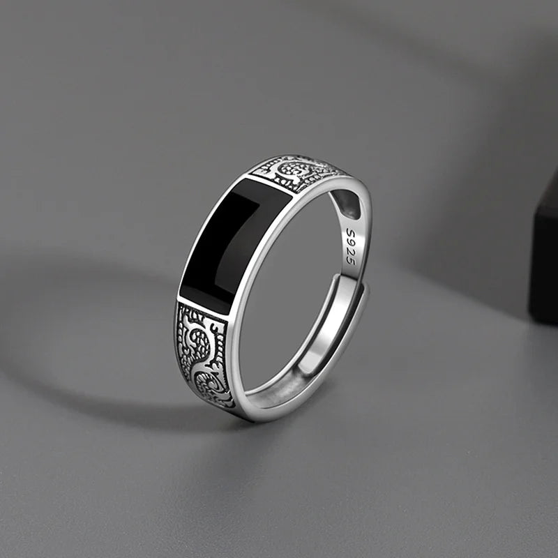 Trendy 925 Sterling Silver Ring For Men Jewelry Black Rectangle Retro Dragon Pattern Ring Male Infex Finger Accessories