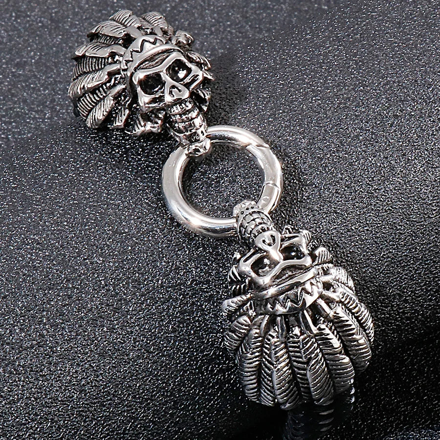 Gothic Punk Style Double Skull Head Bracelet for Men Retro Stainless Steel & Braided Leather Men's Bracelets Jewelry