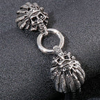Gothic Punk Style Double Skull Head Bracelet for Men Retro Stainless Steel & Braided Leather Men's Bracelets Jewelry