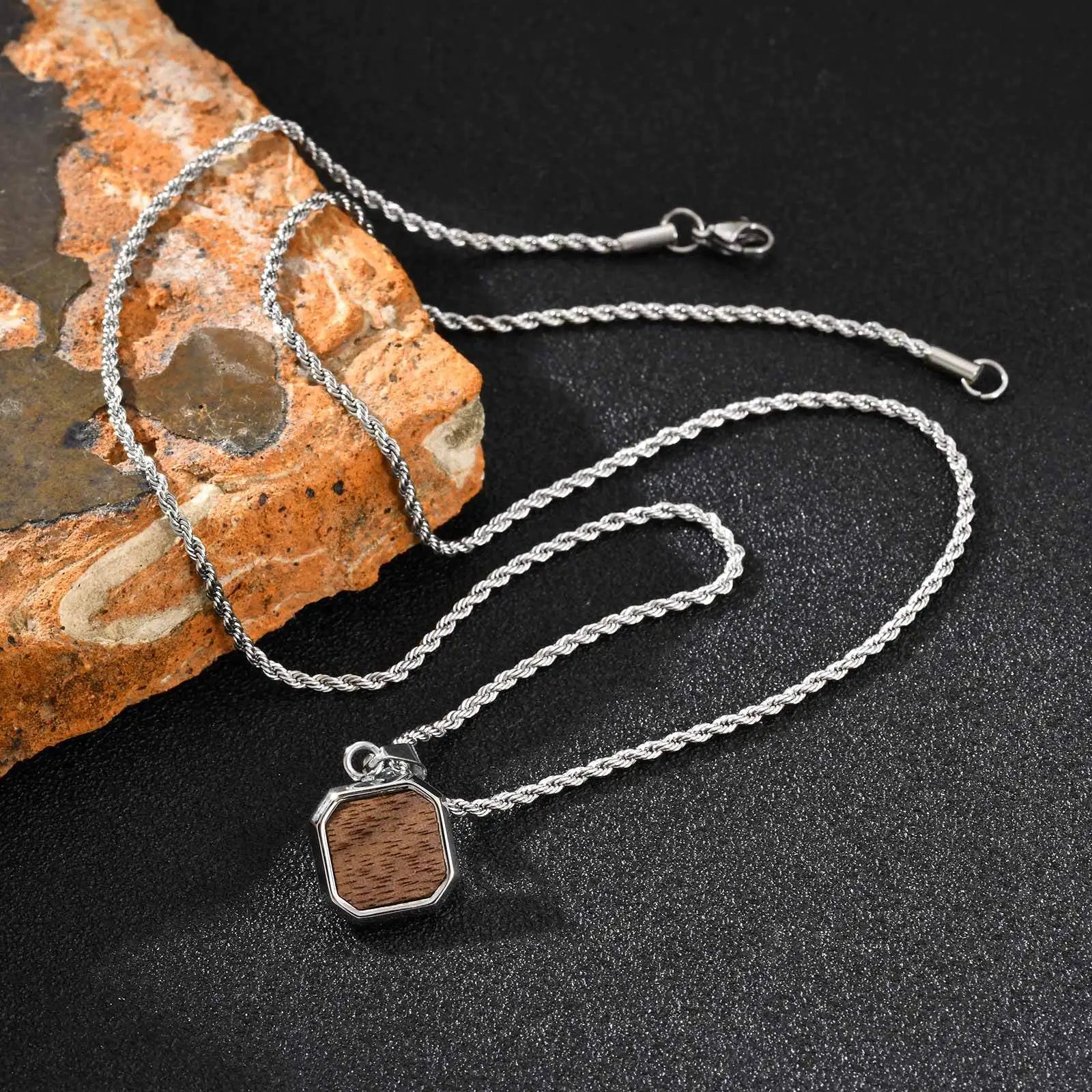 Minimalist Brown Square Pendant Necklace for Men,Wateproof Natural Wood Necklace with Twistd Chain,Vintage Jewelry Gift