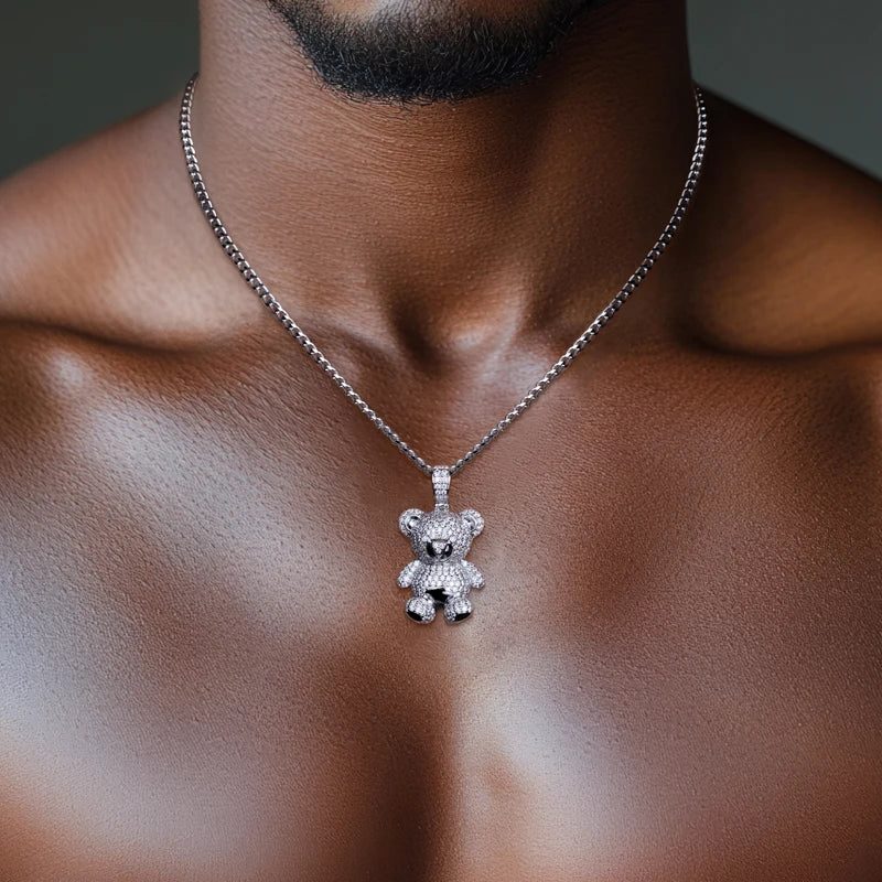 Iced Out Teddy Bear Pendant — 925 Silver