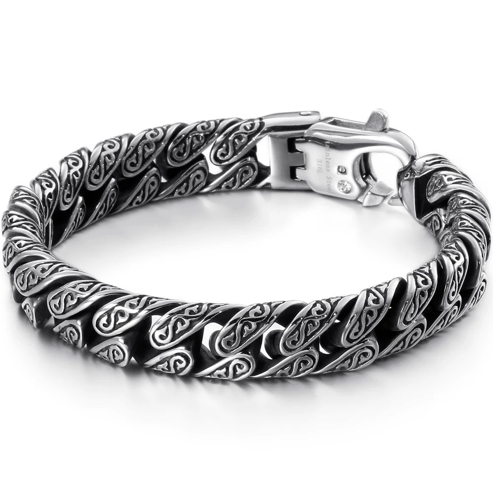 Retro Casting Stainless Steel Man Bracelet Matte Old Silver Color 12MM Curb Link Chain Men's Bracelets Bangles Wrist