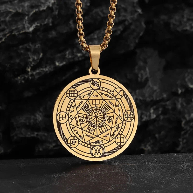 Stainless Steel Solomon Religious Seven Archangels Compass Pendant Necklace Men's Retro Lucky Amulet Jewelry