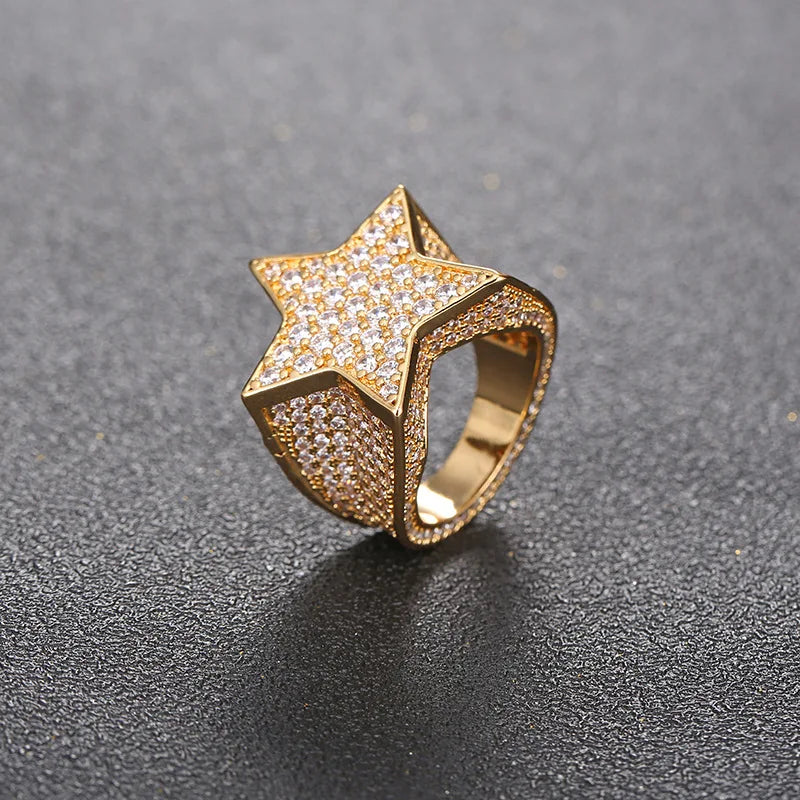 Hip Hop Star Rings for Men Women Diamond Cuban Ring Rapper Party 18K Gold Plated Fine Jewelry Gifts for Men Gilrs Boys