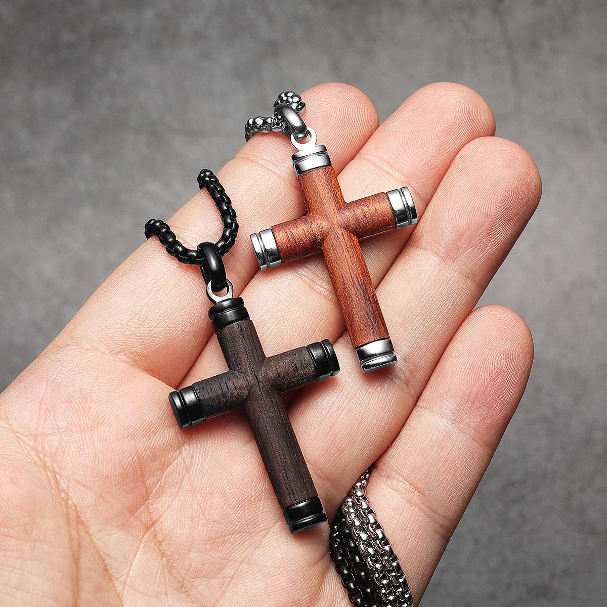Wood Cross Pendant Necklace — Stainless Steel
