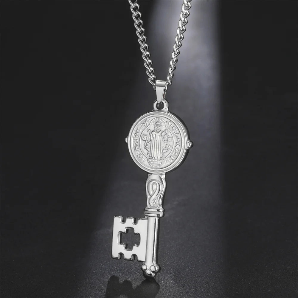 My Shape Saint Benedict Key Necklace for Women Men St. Benedict Key Shape Medal Pendants Chain Stainless Steel Religious Jewelry