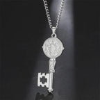 My Shape Saint Benedict Key Necklace for Women Men St. Benedict Key Shape Medal Pendants Chain Stainless Steel Religious Jewelry