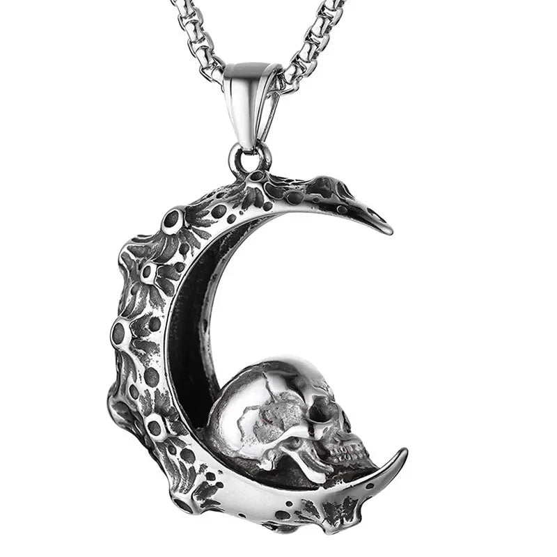 Moon Skull Pendant Necklace — 316L Stainless Steel