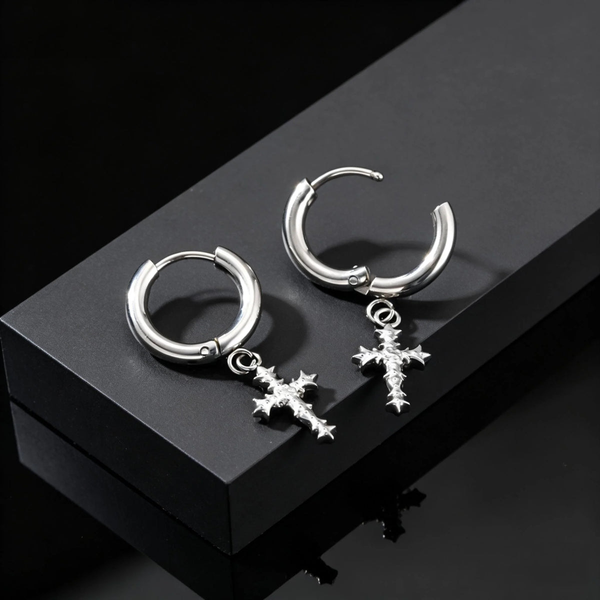 Punk Gothic Thorn Cross Pendant Hoop Earrings, Cool Hip Hop Stainless Steel Drop Earrings, Fashion Daily Party Jewelry