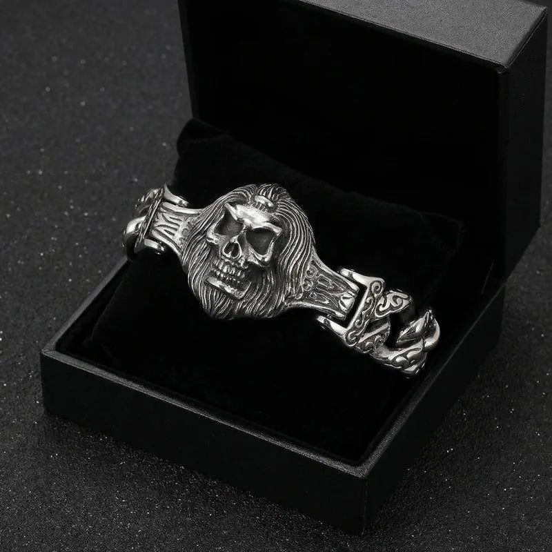 Massive Vintage Skull Wolf Head Cuff Man Bracelet for Men Gothic Punk Stainless Steel Bangle Heavy Metal Jewelry
