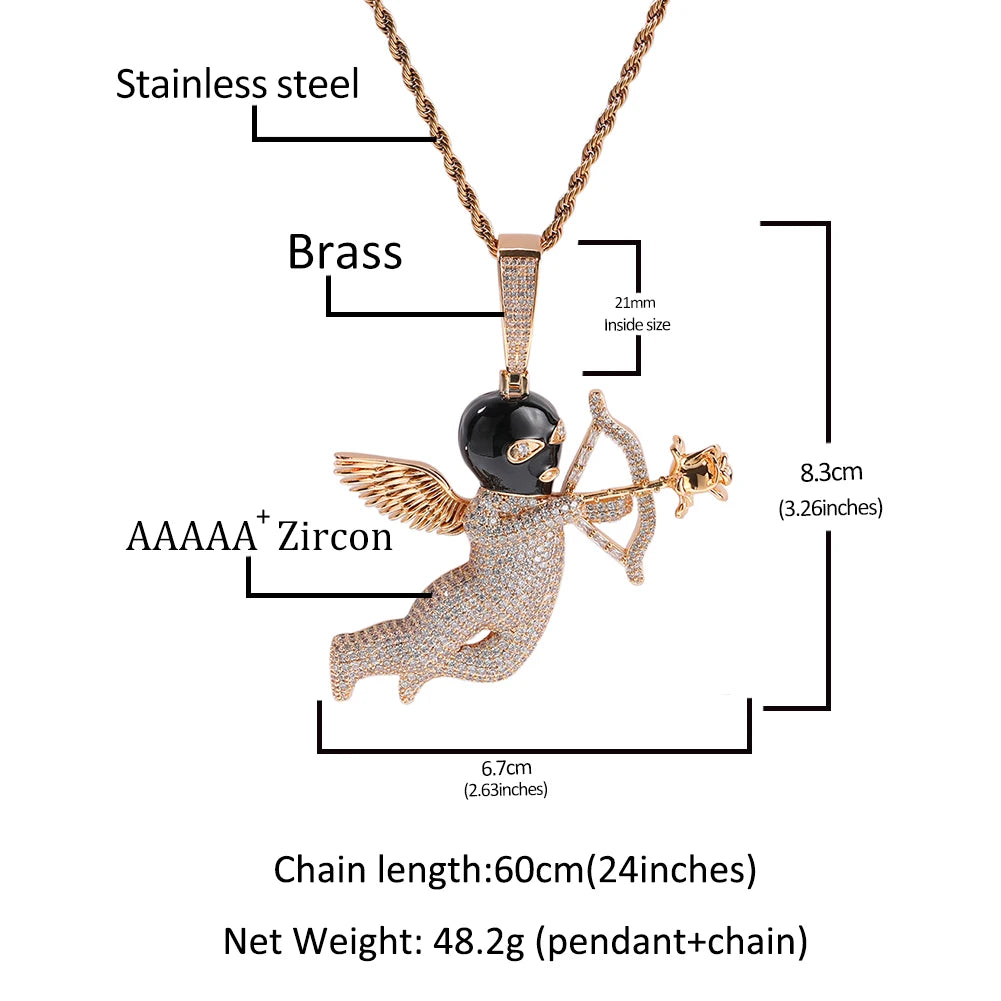 THE BLING KING Iced Full Zirconia Masked Rose Cupid Angel Pendant Necklace Goddess of Love With Arrow 12mm Square Chain Jewelry
