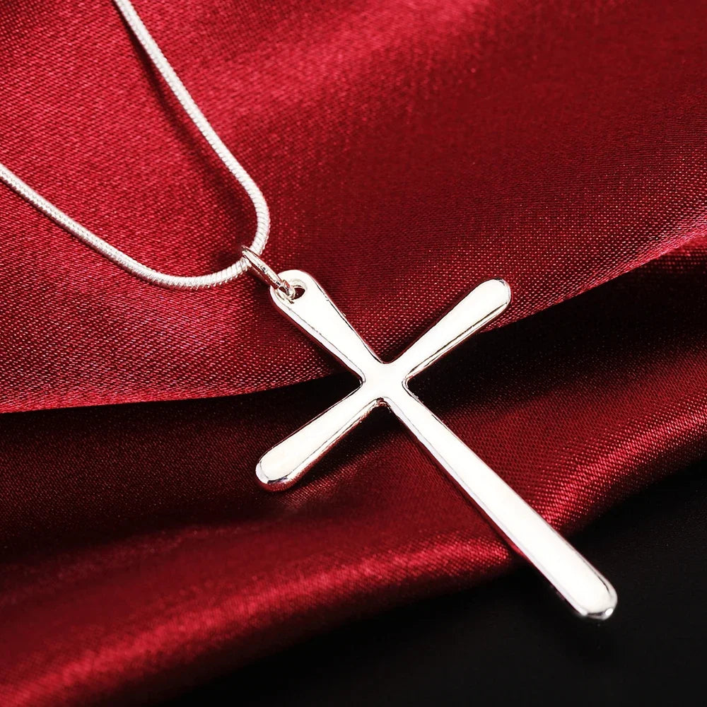 Silver Long Cross Pendant Necklace Women Men Fashion Wedding Engagement Jewelry Gift