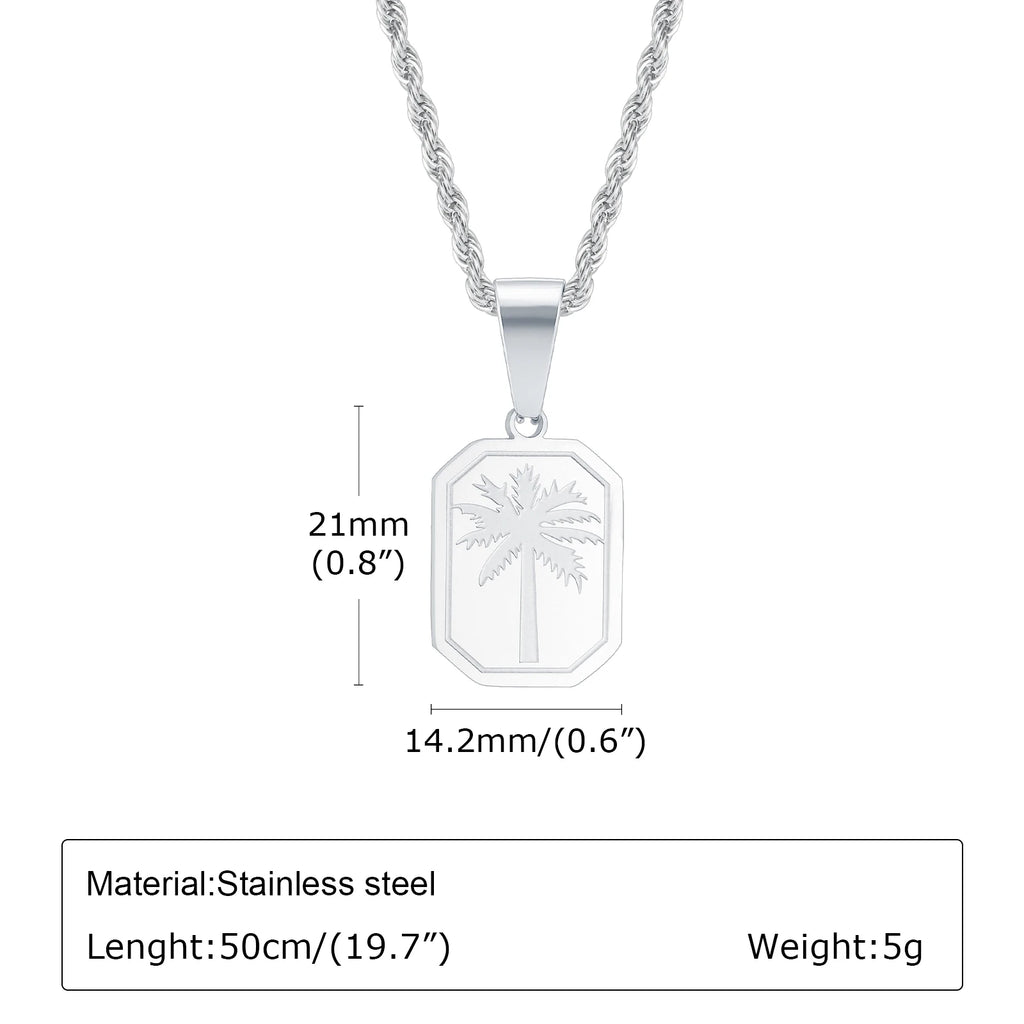 Palm Tree Square Pendant Necklace — Stainless Steel