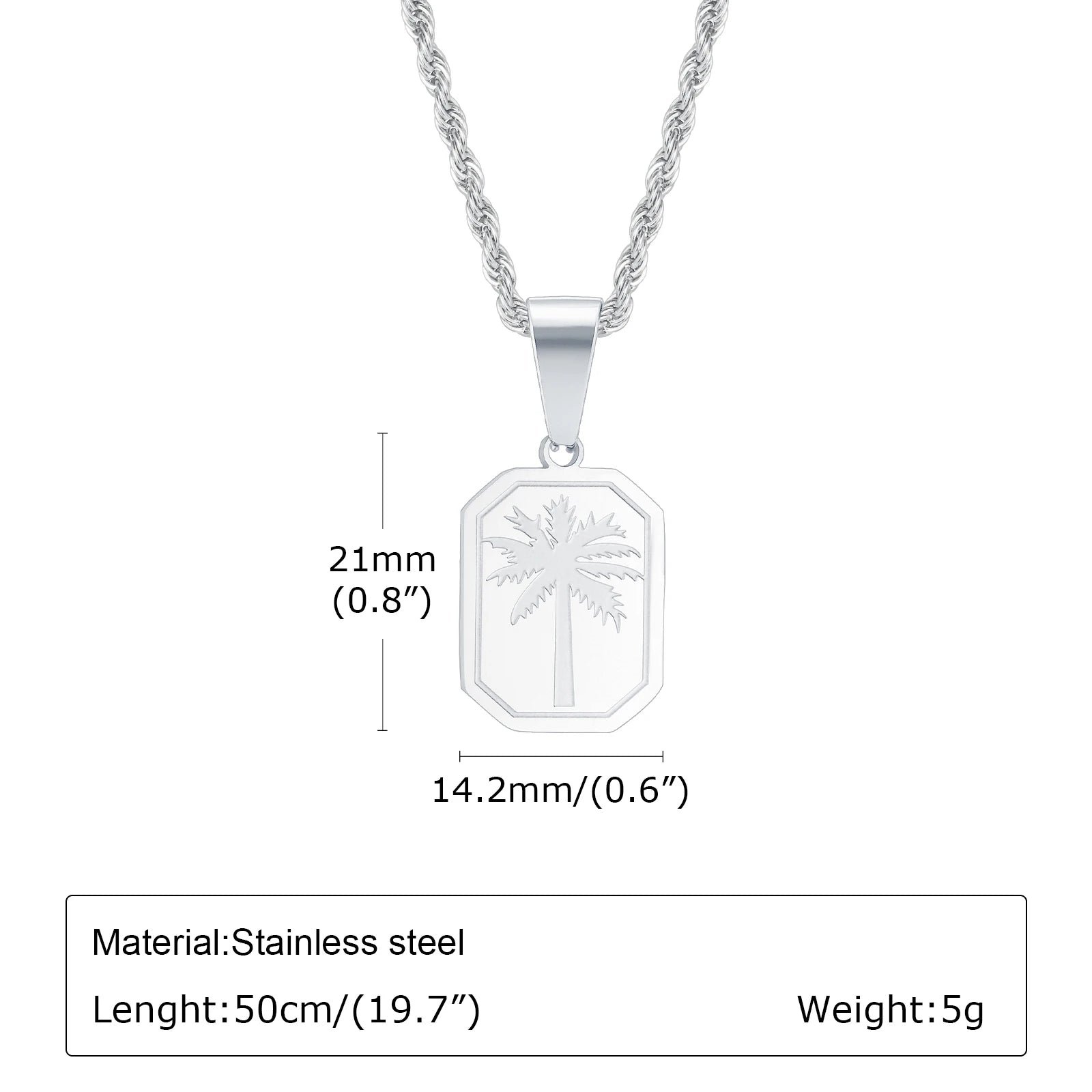 Palm Tree Square Pendant Necklace — Stainless Steel