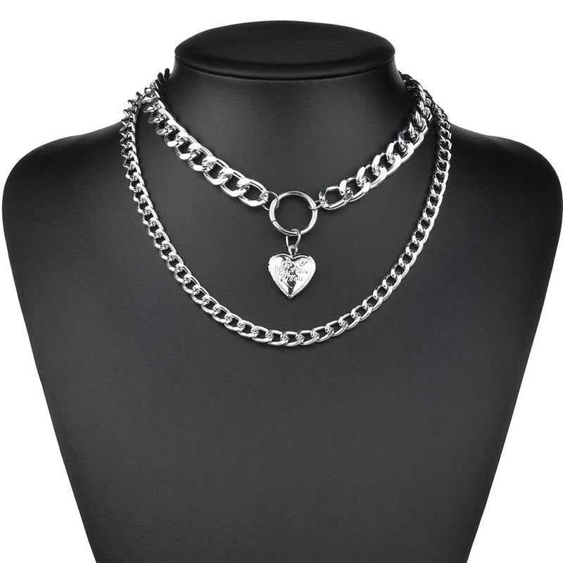 Fashion Chain Link Choker Heart Lock Cross Necklace Pendant For Women Men Silver Color Goth Jewelry Party Punk Long Necklaces