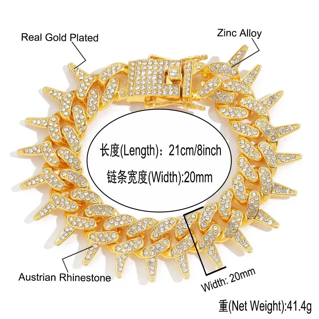 Full 20mm Thorn Set Cuban Chain Punk Retro Hip Hop Chic Bracelet Collarbone Chain Hip Hop Accessory