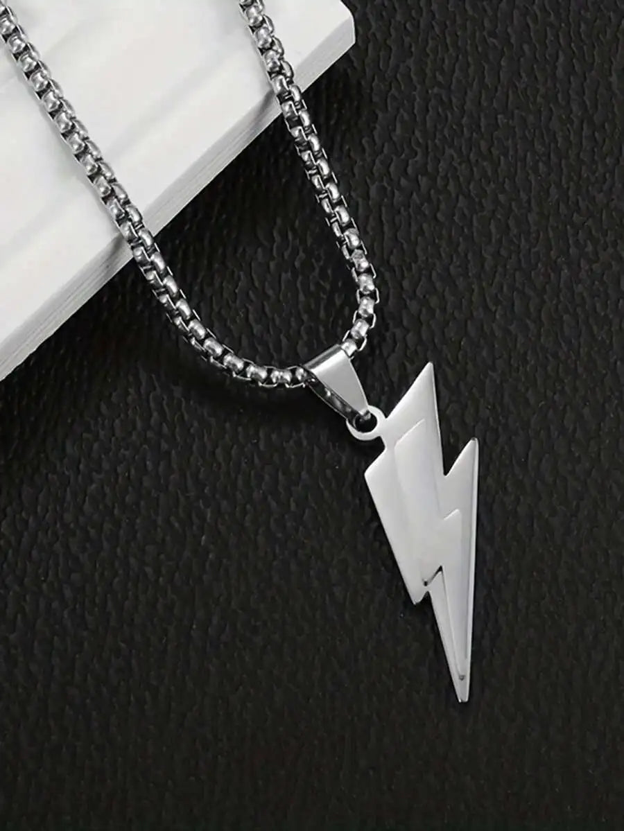 Two Tone Stainless Steel Lightning Bolt Pendant Necklace For Men Hip Hop Rock Streetwear Jewelry