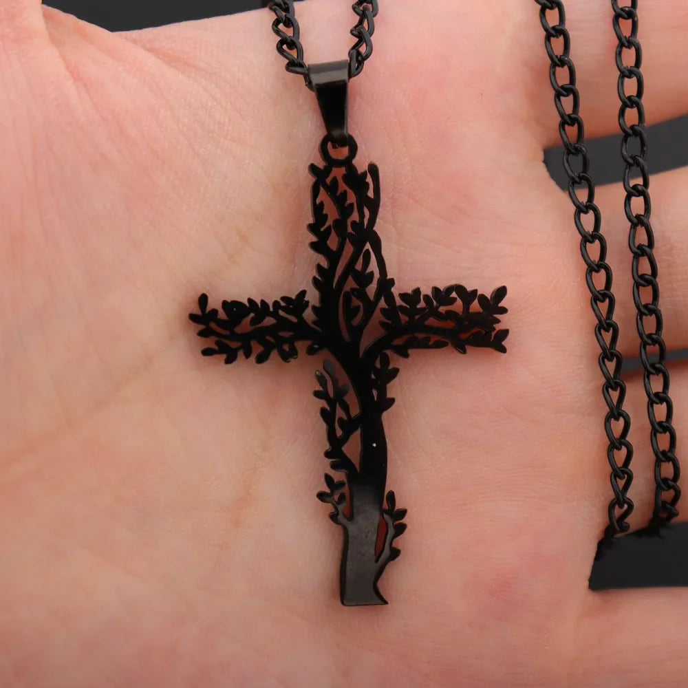 Jesus Cross & Saint Benedict Pendant Necklace — Stainless Steel